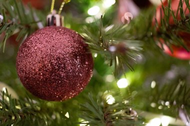 Yeşil ağaçta, parlak kırmızı bir Noel mücevherinin yakın çekimi, yumuşak beyaz bokeh ışıkları. Çam ağacı dalları süslerin etrafını sarmış. Sıcak, kutlama ve mevsimlik neşe öneriyor..