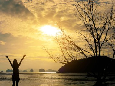 Siluet kadın gün doğumunda dramatik gökyüzü arka planında ellerini kaldırıyor.