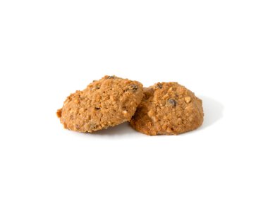 Beyaz arka planda yulaflı kurabiye yığını. Üst görünüm.