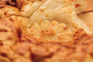 Ahşap bir arka plan üzerinde ısırıldı Ulusal Özbek ekmek yakın çekim