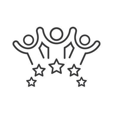 Beş yıldızlı mutlu insanlar. Ürün kalitesiyle ilgili çok hoş bir çizim. Geribildirim ve gözden geçirme için izole vektör fikri.