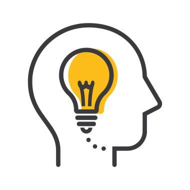 İnsan yüzlü, siluetli, vektör illüstrasyonlu ampul tasviri.