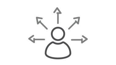 Bir insanın yönünü, doğru yönü, doğru cevabı seçtiği simge. Bir insanın silueti ve kafasının etrafındaki oklar her yöne doğru.