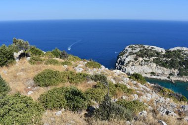View from Anthony Quinn viewpoint, Rhodes island, Greece, Europe. Panoramic sea paradise landscape. Travel to Greece. Summer and holidays. Bird's eye view from above