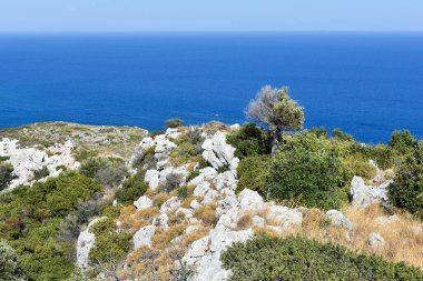 View from Anthony Quinn viewpoint, Rhodes island, Greece, Europe. Panoramic sea paradise landscape. Travel to Greece. Summer and holidays. Bird's eye view from above. 
