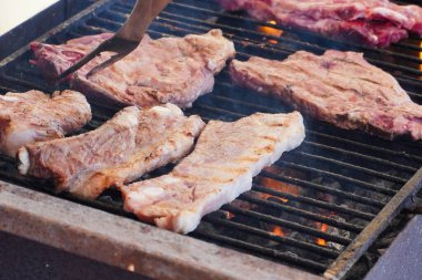 Barbeküde ızgara yapan biri. Izgarada lezzetli bir yaz ya da sonbahar yemeği hazırlıyorum. Mezunlar toplantısında yemek yapmak, sosyal etkinlik ya da terasta öğle yemeği. Parti, yemek, hafta sonu bbq yemeği.. 