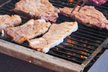 Barbeküde ızgara yapan biri. Izgarada lezzetli bir yaz ya da sonbahar yemeği hazırlıyorum. Mezunlar toplantısında yemek yapmak, sosyal etkinlik ya da terasta öğle yemeği. Parti, yemek, hafta sonu bbq yemeği.. 