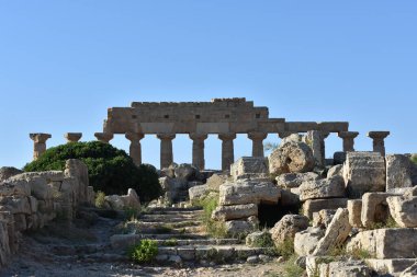 Selinunte, Trapani, Sicilya, İtalya 'daki Yunan tapınakları. Apollo Tapınağı (Tapınak C) Selinunte Arkeoloji Parkı 'ndaki Yunan sütunlarının kalıntıları. İtalya 'ya git. Gezmeye. 