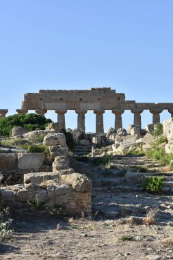 Selinunte, Trapani, Sicilya, İtalya 'daki Yunan tapınakları. Apollo Tapınağı (Tapınak C) Selinunte Arkeoloji Parkı 'ndaki Yunan sütunlarının kalıntıları. İtalya 'ya git. Gezmeye. 