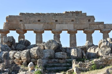 Selinunte, Trapani, Sicilya, İtalya 'daki Yunan tapınakları. Apollo Tapınağı (Tapınak C) Selinunte Arkeoloji Parkı 'ndaki Yunan sütunlarının kalıntıları. İtalya 'ya git. Gezmeye. 