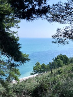 İtalya 'nın Marche bölgesindeki Portonovo ve Ancona kasabaları yakınlarındaki Yaz Adriyatik sahili ve Mezzavalle plajı. Adriyatik Denizi 'nde yaz tatili, Monte Conero. İtalya yaz tatili. Manzaralı deniz manzarası.