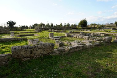 Eski harabeler. Paestum, Arkeolojik UNESCO Dünya Mirası Bölgesi, Salerno ili, Campania, İtalya.
