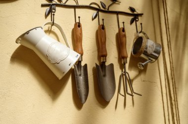 Saksı bakımı için küçük el kürekleri ve bahçe aksesuarları koleksiyonu. Profesyonel sera ekipmanı kavramı ve organize edilmiş bahçecilik çalışma alanı tasarımı