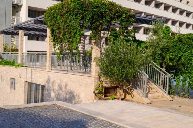 Etrafı yemyeşil ağaçlar ve çitlerle çevrili modern bir yerleşim yeri. Çağdaş mimarinin üstündeki açık mavi gökyüzü. Sürdürülebilir kentsel kalkınma kavramı ve doğaya yakın yaşam