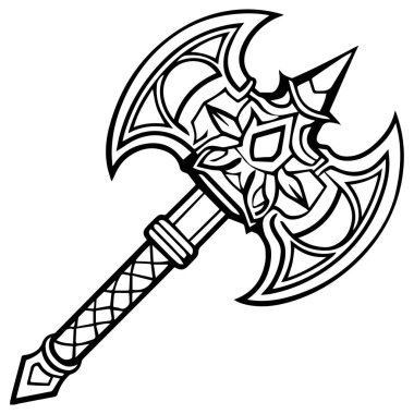 Şeffaf arkaplanda siyah çizgi sanat baltası silahı