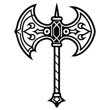 Şeffaf arkaplanda siyah çizgi sanat baltası silahı