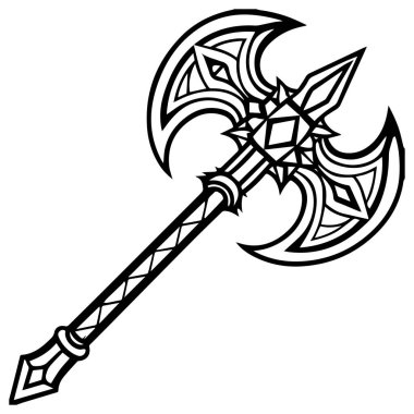 Şeffaf arkaplanda siyah çizgi sanat baltası silahı