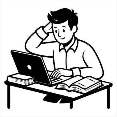 Modern siyah öğrenci silueti dijital ve çevrimiçi eğitim için dizüstü bilgisayar kullanıyor