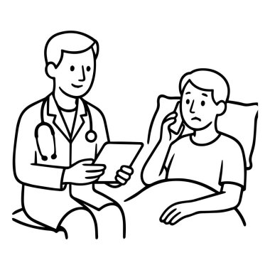 Doktor sanal ev ziyareti yapıyor. Teletıp silueti. Beyaz arka grup.