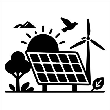 Okyanus yakınındaki siyah siluet güneş panelleri yenilenebilir yeşil enerji