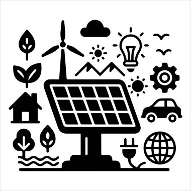 Siyah vektör silueti güneş panelleri ayçiçeği eko ar 'a benzer.