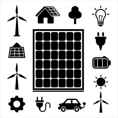Siyah siluet güneş panelleri elektrikli arabaya yeşil enerji yüklüyor