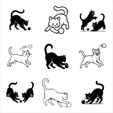 Oyuncak top oynayan sevimli kedi silueti.