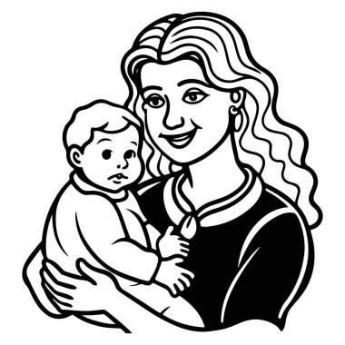 Saf siyah siluet bir anne bebeğini kucağında tutarken dokunaklı bir poz yakalar. Beyaz arka planda izole edilmiş sıcak güvenlik ve aşkı ifade eder. Bu vektör çizimi aile bakımına uygundur. Annelik teması şefkat, güven ve ebeveynlik.