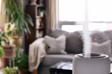 Nemlendirici çalışıyor. Ön planda görünür bir sis bırakıyor. Arka tarafta da çözünmüş bir oturma odası var. Kapalı alan havası, ev konforu, sağlık ve iklim kontrol kavramı