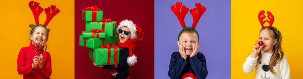 Feliz Natal Crianças Felizes Chapéu Papai Noel Chifres Rena Com — Fotografia de Stock