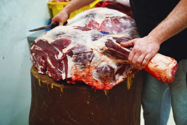 Butcher Cuts The Meat. Beef carcass in the butcher shop cutting shop. Cutting shop. Meat products. Product of animal origin. Part of the animal carcass.