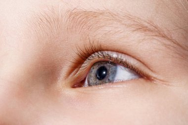 Çocuğun gözleri yakın çekim, makro. Gri-mavi renkli, açık gözlü bir çocuk. Görsel merkezde sağlık konsepti. iyi görüş ve çocukların gözlerindeki sorunlar