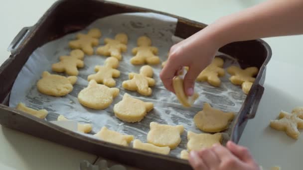 Les mains des enfants plient la pâte dans un plat allant au four. le processus de fabrication des cookies — Video