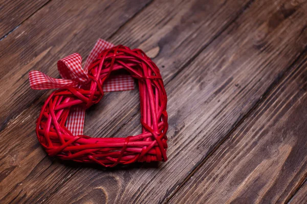 Red Rattan Heart Wooden Table Candle Romance Background Valentine Day — Stock fotografie