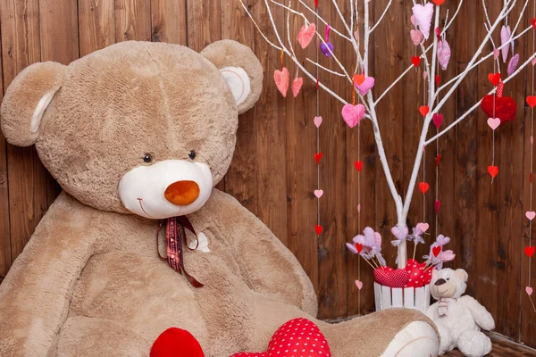 Beautiful Backdrop Valentine Day Photo Shoot Huge Teddy Bear Wooden — Stockfoto