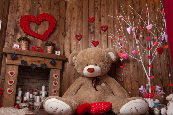 Beautiful Backdrop Valentine Day Photo Shoot Huge Teddy Bear Wooden — Stock fotografie