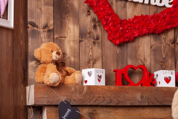 Close Background Valentine Day Photo Shoot Teddy Bear Wooden Fireplace — Stock Fotó