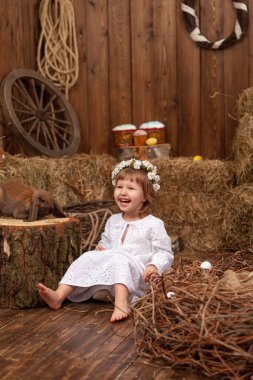 Easter decoration. little girl petting and feeding lop-eared rabbit. laughing child in dress and wreath flowers on his head, is in contact, communicates with pet rabbit, in hay barn on Easter day.