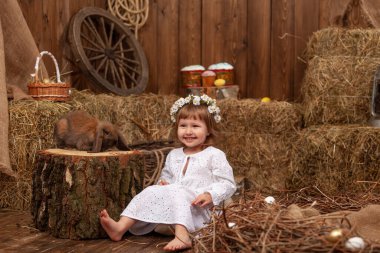 Easter decoration. little girl petting and feeding lop-eared rabbit. laughing child in dress and wreath flowers on his head, is in contact, communicates with pet rabbit, in hay barn on Easter day.