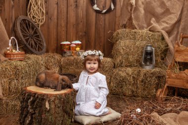 Easter decoration. cute little girl petting and feeding lop-eared rabbit. child in white dress and wreath flowers on his head, is in contact, communicates with pet rabbit, in hay barn on Easter day.