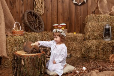 Easter decoration. cute little girl petting and feeding lop-eared rabbit. child in white dress and wreath flowers on his head, is in contact, communicates with pet rabbit, in hay barn on Easter day.
