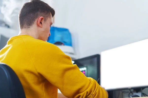 Side View Teenager Working Computer Home Monitor Has White Screen — Foto de Stock