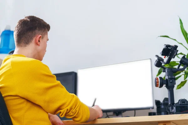 Side View Teenager Working Computer Home Monitor Has White Screen — Stockfoto