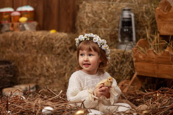 Ένα Χαρούμενο Κοριτσάκι Φόρεμα Και Ένα Στεφάνι Κάθεται Μια Φωλιά — Φωτογραφία Αρχείου