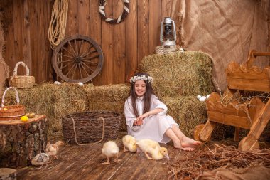 Kafasında çelenk olan mutlu, küçük bir kız yere oturur ve sarı tüylü ördekleri besler. Güzel kız neşeyle gülüyor ve Paskalya ördekleri ile oynuyor. Paskalya Kompozisyonu