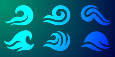 Soyut Dalga Seti: Zarif Çizgi Sanatı Okyanus Simgeleri, Modern Tasarım, Karanlık Arkaplan. Şekillendirilmiş okyanus dalgası illüstrasyonları koleksiyonu çeşitli şekiller sergiliyor. Biçimlendirilmiş ateş ya da alev grafik elementleri.