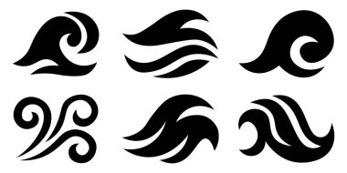 Soyut Dalga Seti: Zarif Çizgi Sanatı Okyanus Simgeleri, Modern Tasarım, Karanlık Arkaplan. Şekillendirilmiş okyanus dalgası illüstrasyonları koleksiyonu çeşitli şekiller sergiliyor. Biçimlendirilmiş ateş ya da alev grafik elementleri.