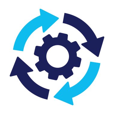 Eğri akış okları hareket halinde olan bir dişlinin düz vektör illüstrasyonu, sembolik süreç temsiliyle temiz bilgi tarzı. Bütünleşme Simgesi, İki Renk Simgesini Değiştir, Geçiş Simgesi.