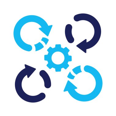 Eğri akış okları hareket halinde olan bir dişlinin düz vektör illüstrasyonu, sembolik süreç temsiliyle temiz bilgi tarzı. Bütünleşme Simgesi, İki Renk Simgesini Değiştir, Geçiş Simgesi.