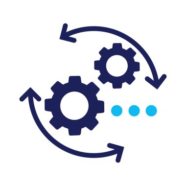 Eğri akış okları hareket halinde olan bir dişlinin düz vektör illüstrasyonu, sembolik süreç temsiliyle temiz bilgi tarzı. Bütünleşme Simgesi, İki Renk Simgesini Değiştir, Geçiş Simgesi.